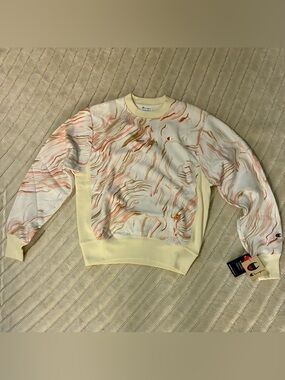 Champion Women S NWT Marble Crewneck Sweatshirt White/Cream & Pink/Brown Accents